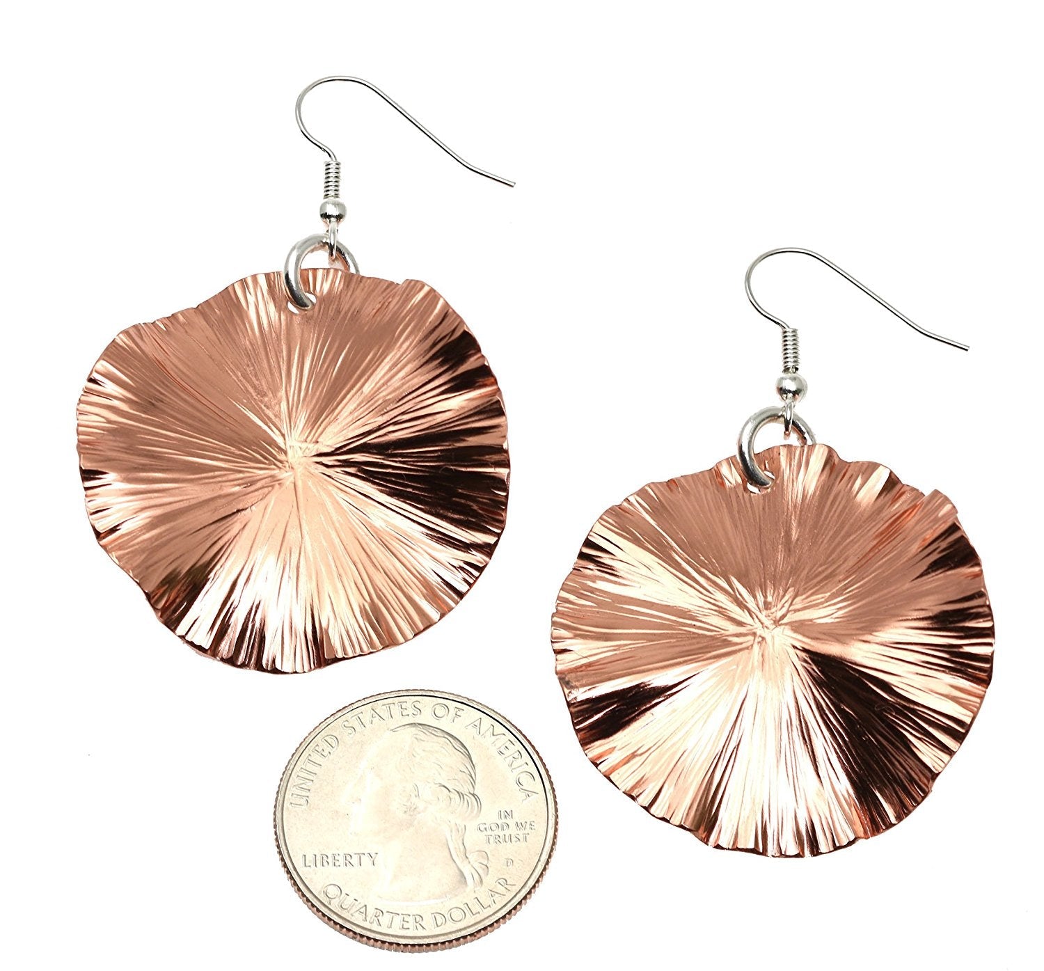 Size of Copper Lily Pad Earrings compared to a US Quarter Coin