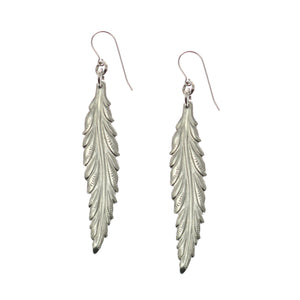 1 of 7: A Pair of Long Feather Aluminum Drop Earrings on a White Background