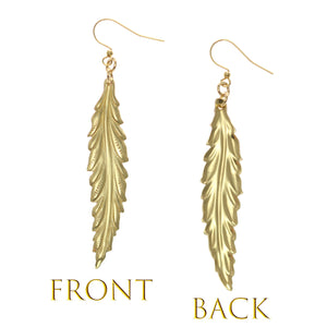 3 of 7: Long Feather Brass Nu Gold Drop Earrings