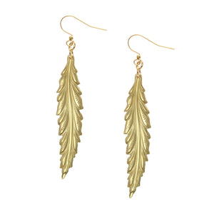 1 of 7: A Pair of Long Feather Brass Nu Gold Drop Earrings on a White Background
