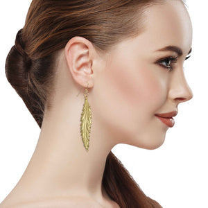 2 of 7: Stunning Woman with Red Hair Wearing Long Feather Brass Nu Gold Drop Earrings