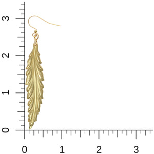 5 of 7: Long Feather Brass Nu Gold Drop Earrings on Ruler for Size Dimensions