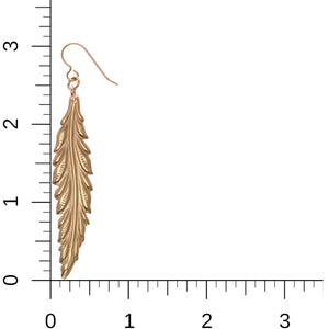 4 of 7: Long Feather Bronze Drop Earrings - On Ruler for Size Dimensions