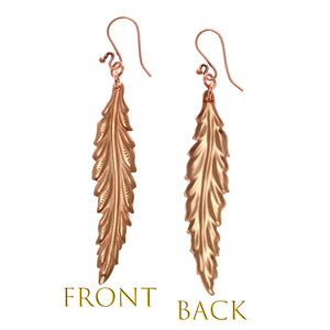 3 of 7: Long Feather Copper Drop Earrings Front and Back Views