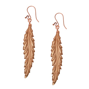 1 of 7: A Pair of Long Feather Copper Drop Earrings on a White Background