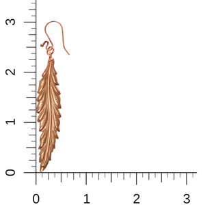5 of 7: Long Feather Copper Drop Earrings on Ruler for Size Dimensions