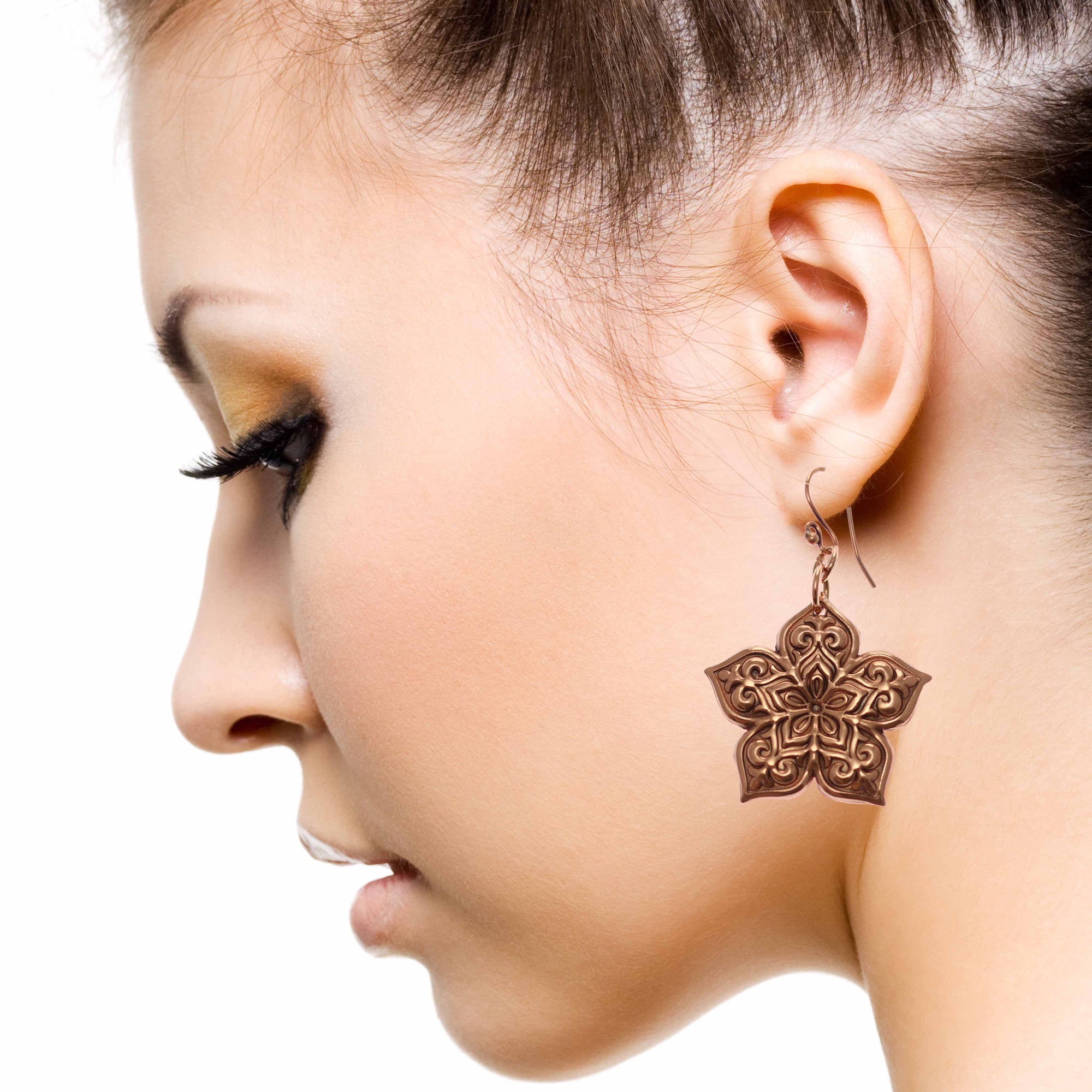 Stylish Woman Wearing Starflower Mandala Copper Drop Earrings