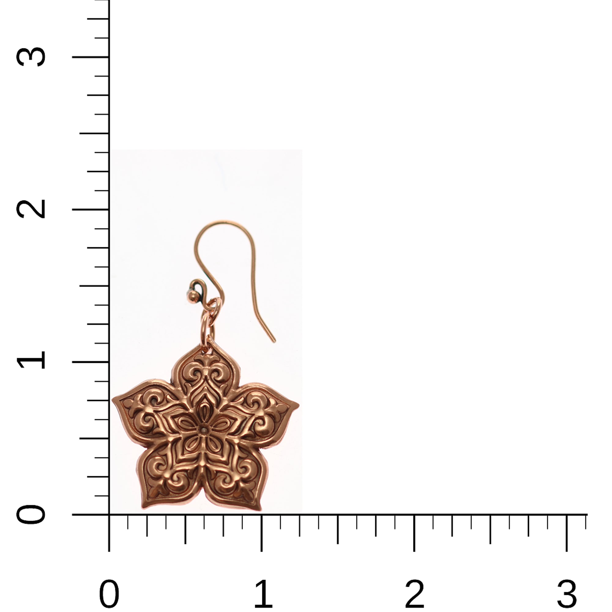 Starflower Mandala Copper Drop Earrings on Ruler for Size Dimensions