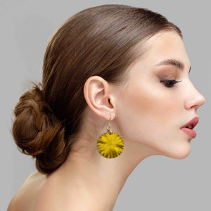 2 of 7: A Stunning Woman Wearing Medium Canary Yellow Anodized Aluminum Lily Pad Earrings