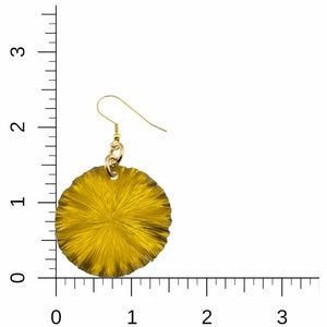 5 of 7: Medium Canary Yellow Anodized Aluminum Lily Pad Earrings on a Ruler for Size Dimensions
