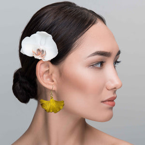 4 of 8: An Elegant Woman Wearing Medium Canary Yellow Anodized Ginkgo Leaf Earrings