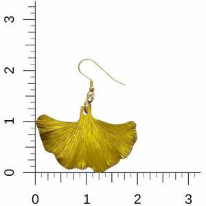 5 of 8: Medium Canary Yellow Anodized Ginkgo Leaf Earrings on a Ruler for Size Dimensions