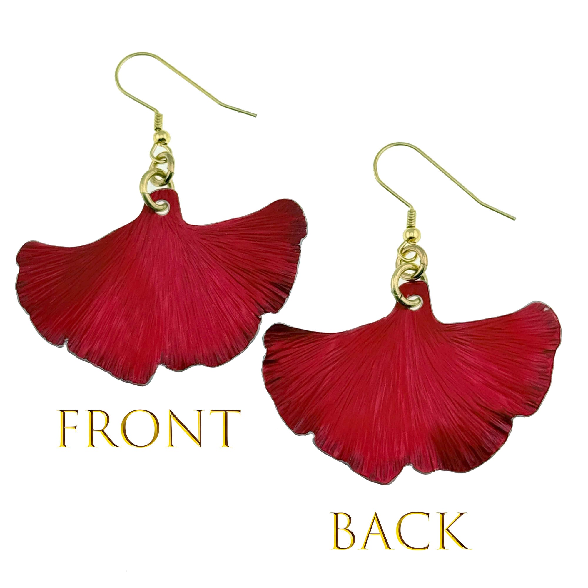 Front and Back Views of Medium Candy Apple Red Anodized Aluminum Ginkgo Leaf Earrings