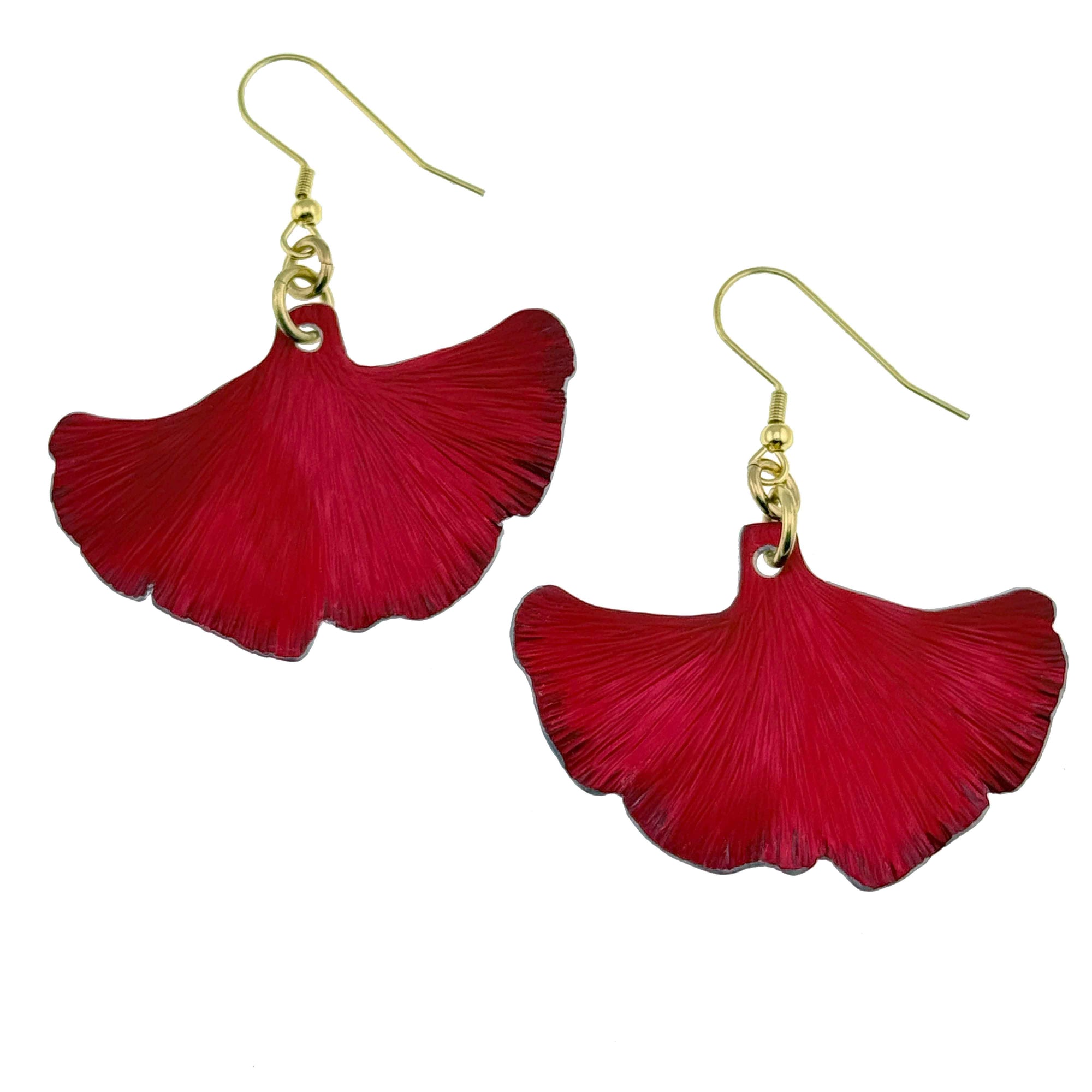 A Pair of Medium Candy Apple Red Anodized Aluminum Ginkgo Leaf Earrings on a White Background