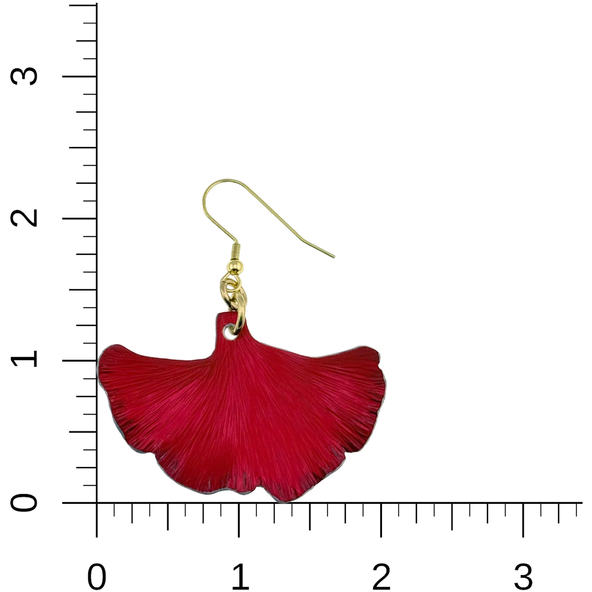 Medium Candy Apple Red Anodized Aluminum Ginkgo Leaf Earrings on a Ruler for Size Dimensions