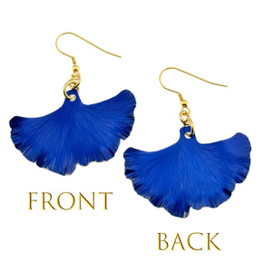 3 of 7: Front and Back Views of Medium Cobalt Blue Anodized Aluminum Ginkgo Leaf Earrings