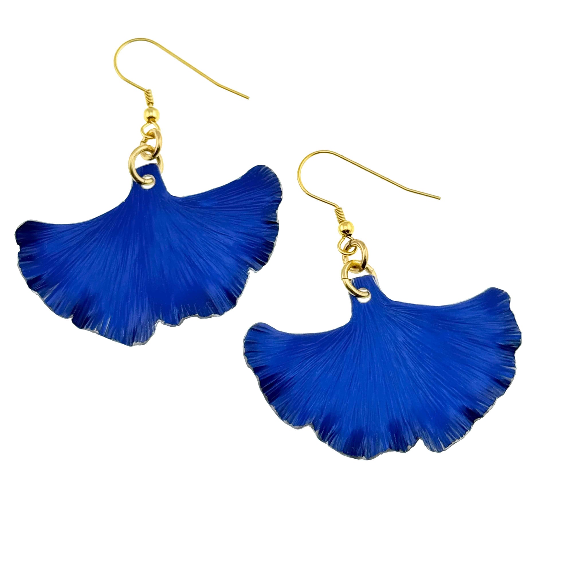 A Pair of Medium Cobalt Blue Anodized Aluminum Ginkgo Leaf Earrings on a White Background