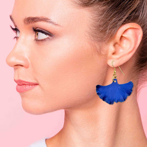 2 of 7: An Elegant Woman Wearing Medium Cobalt Blue Anodized Aluminum Ginkgo Leaf Earrings