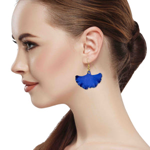 4 of 7: A Stunning Woman Wearing Medium Cobalt Blue Anodized Aluminum Ginkgo Leaf Earrings