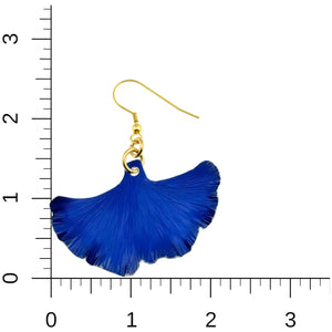 5 of 7: Medium Cobalt Blue Anodized Aluminum Ginkgo Leaf Earrings on a Ruler for Size Dimensions