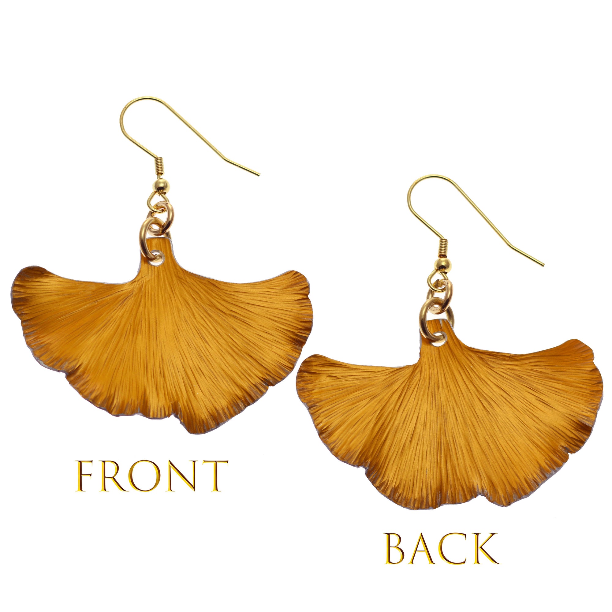 Front and back view of Orange Anodized Aluminum Ginkgo Earrings, showcasing intricate leaf-shaped design, adding elegance to any outfit.
