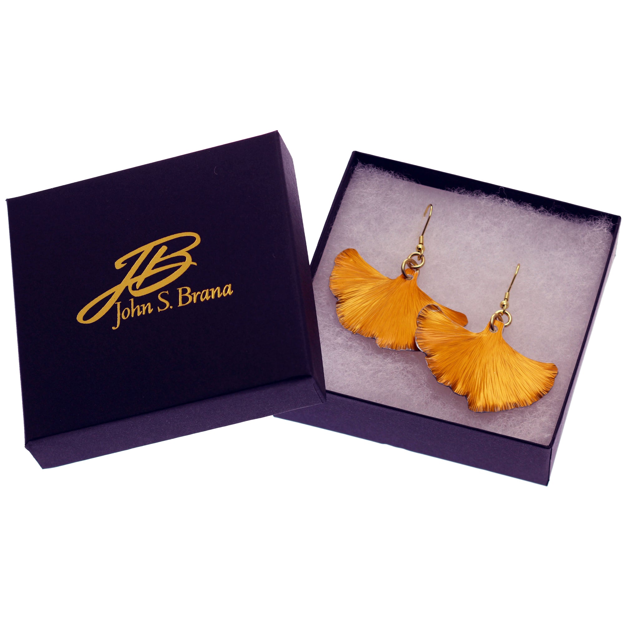 Orange ginkgo leaf earrings in a gift box: a vibrant accessory inspired by nature's beauty. Perfect for any occasion.