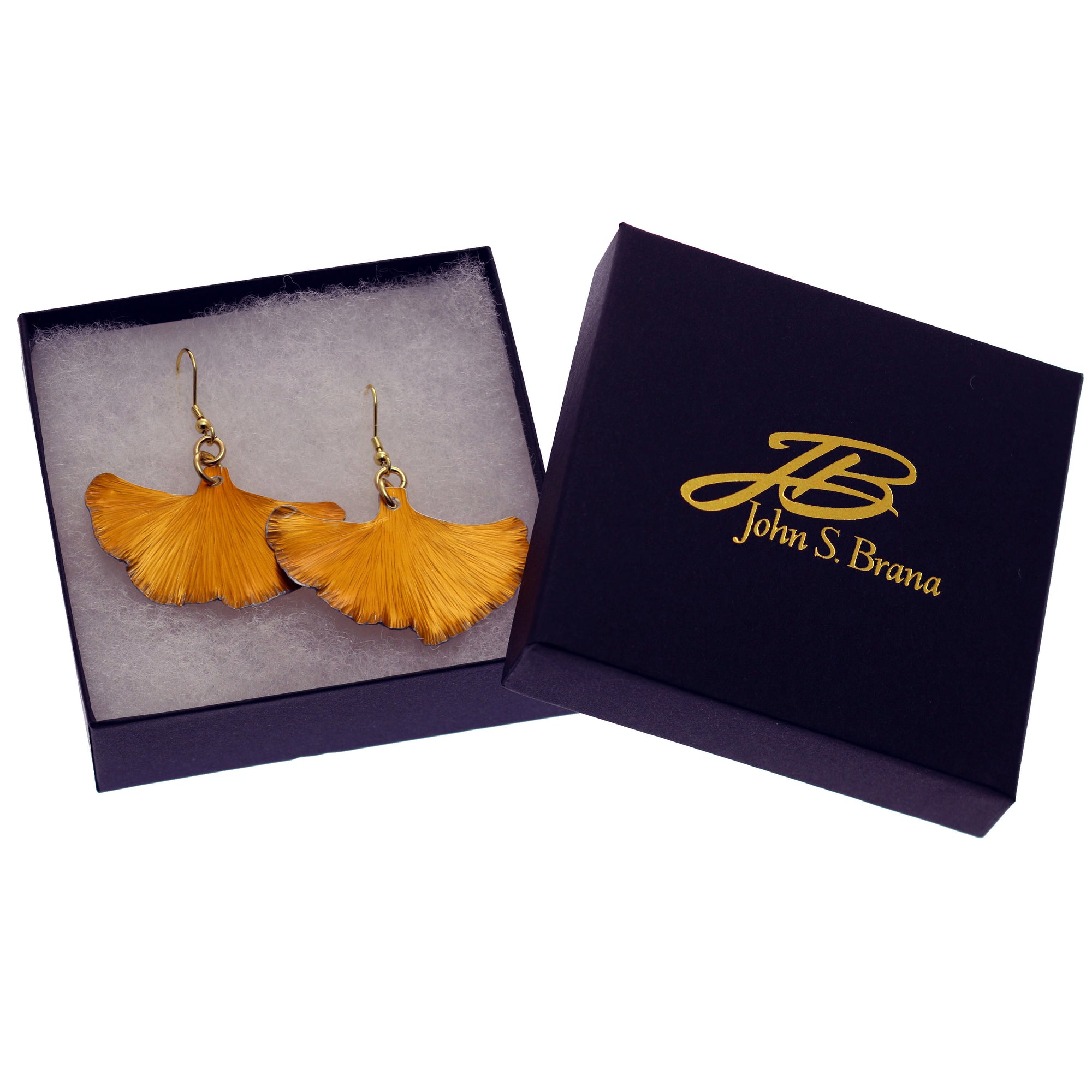 Orange ginkgo leaf earrings, perfect for adding a pop of color to your outfit in a black gift box