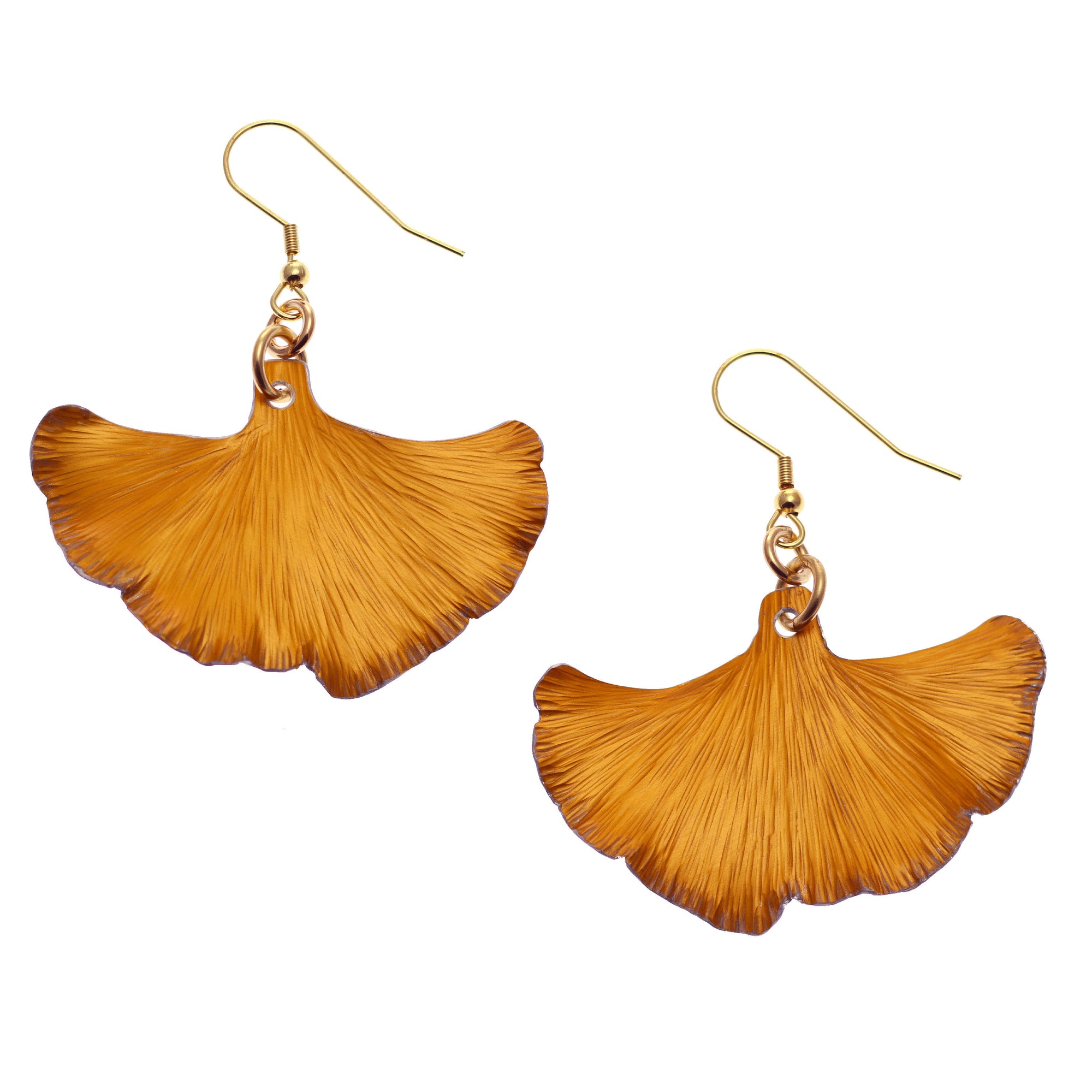 Orange Anodized Aluminum Ginkgo Earrings, showcasing intricate leaf-shaped design, adding elegance to any outfit.