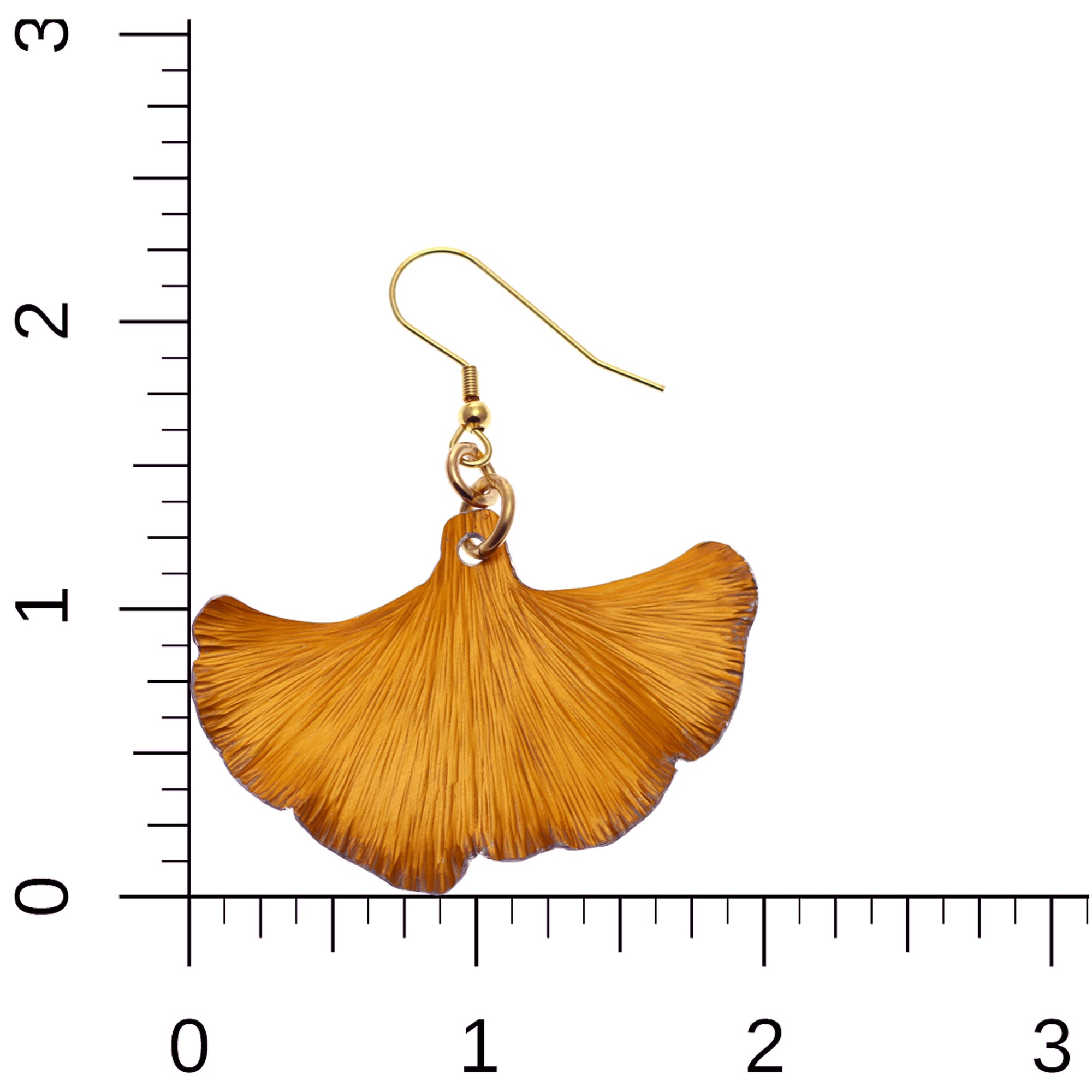 A orange anodized aluminum ginkgo leaf earring placed on a ruler, showcasing its delicate design and precise measurement.