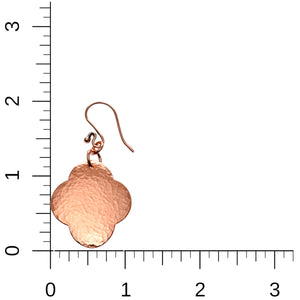 5 of 7: Medium Hammered Copper Clover Drop Earrings on a Ruler for Size Dimensions