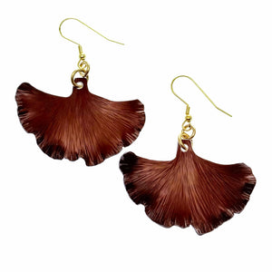 1 of 7: A Pair of Medium Henna Brown Anodized Ginkgo Leaf Earrings on a White Background