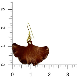 5 of 7: Medium Henna Brown Anodized Ginkgo Leaf Earrings on a Ruler for Size Dimensions