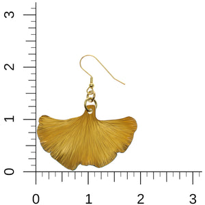 5 of 7: Medium Light Orange Anodized Ginkgo Leaf Drop Earrings on Ruler for Size Dimensions