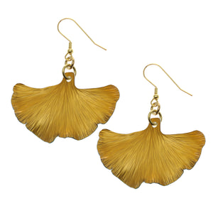 1 of 7: A Pair of Medium Light Orange Anodized Ginkgo Leaf Drop Earrings on a White Background
