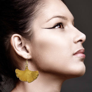 4 of 7: Stunning Woman Wearing Medium Light Orange Anodized Ginkgo Leaf Drop Earrings