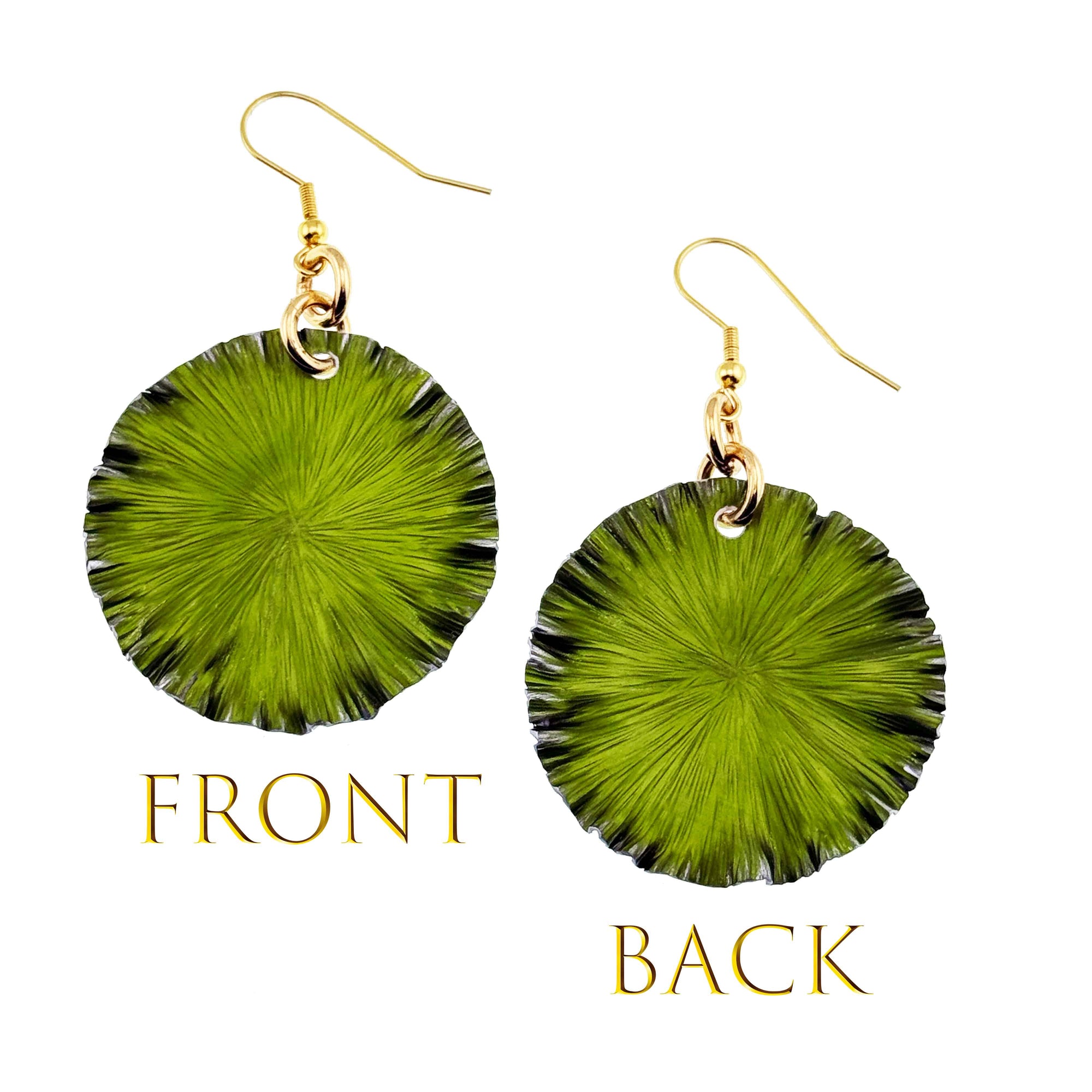 Front and Back Views of Medium Lime Anodized Aluminum Lily Pad Earrings 