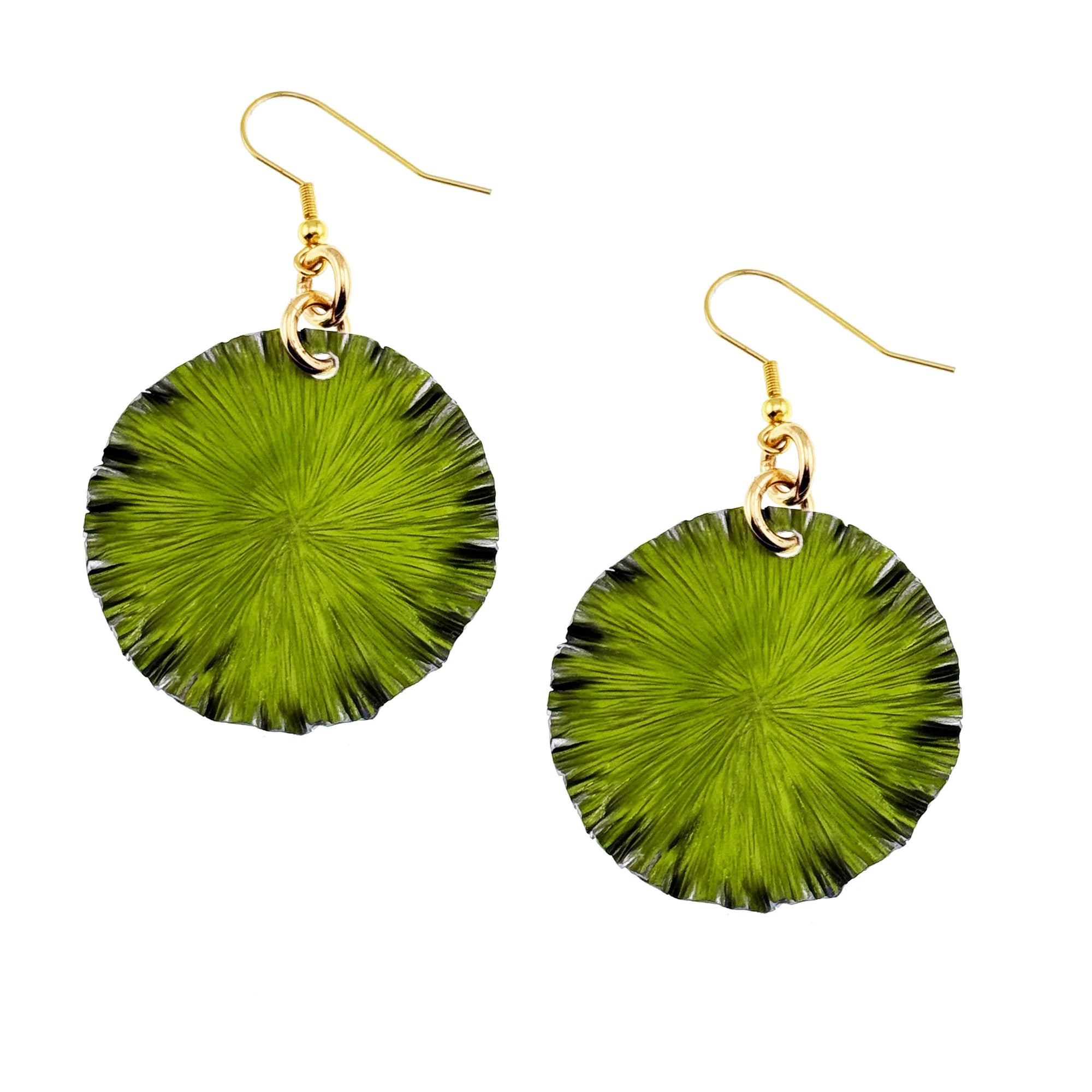 A Pair of Medium Lime Anodized Aluminum Lily Pad Earrings  on a White Background