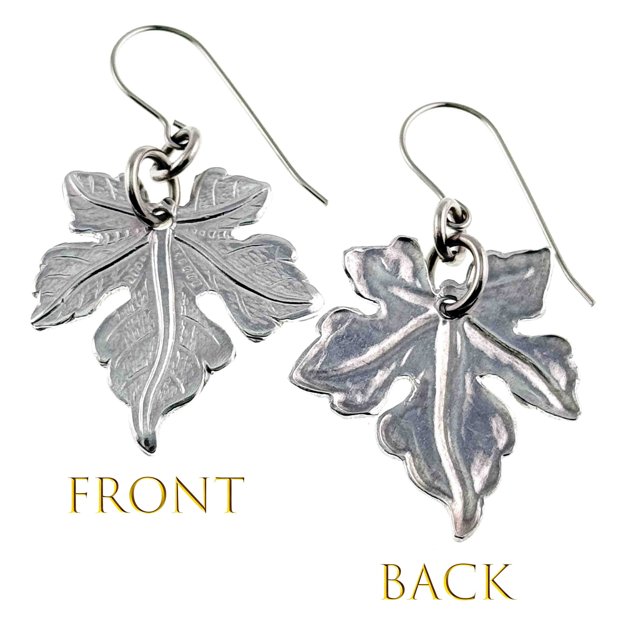 Medium Maple Leaf Aluminum Dangle Earrings showing front and back views on a white background