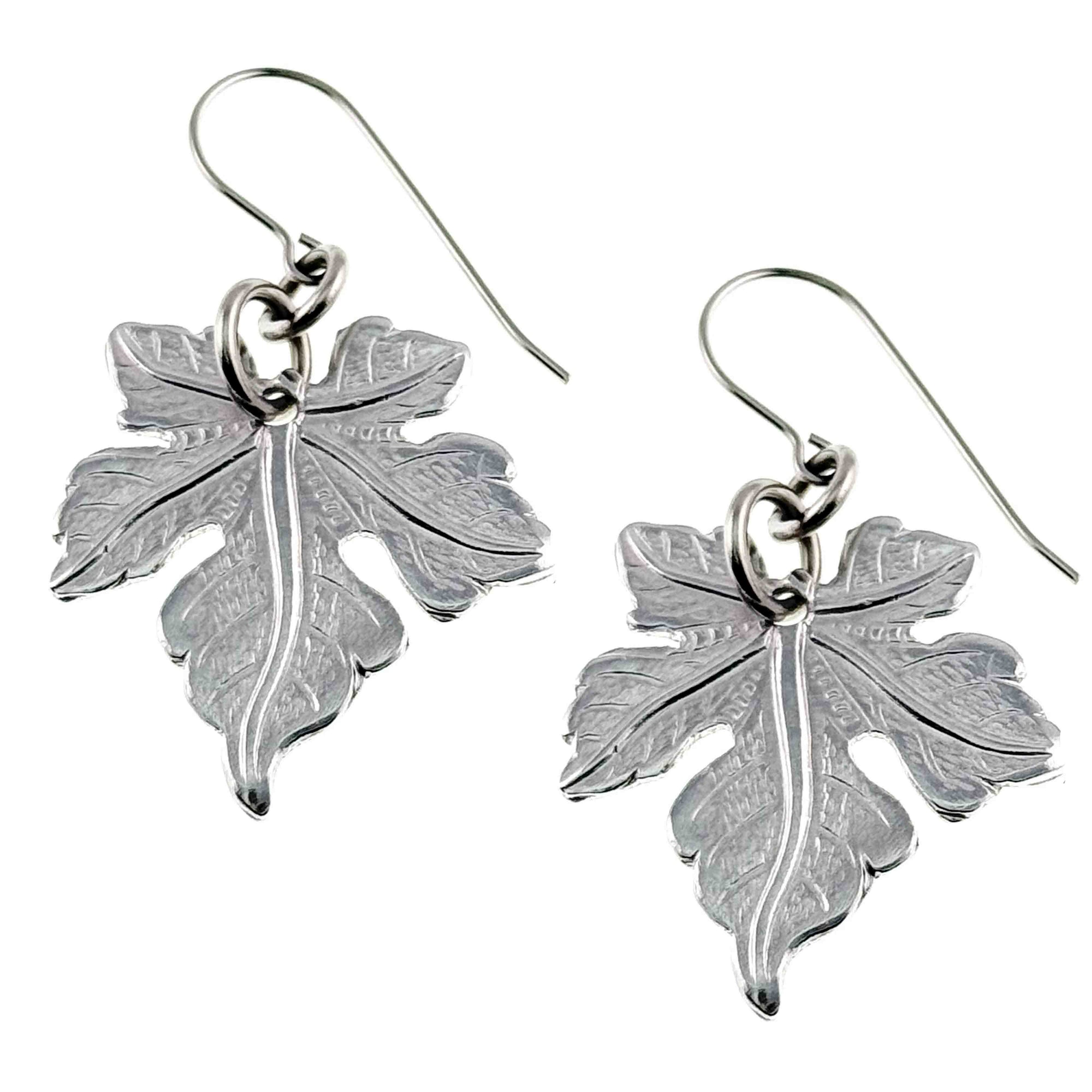 Medium Maple Leaf Aluminum Dangle Earrings on a white background