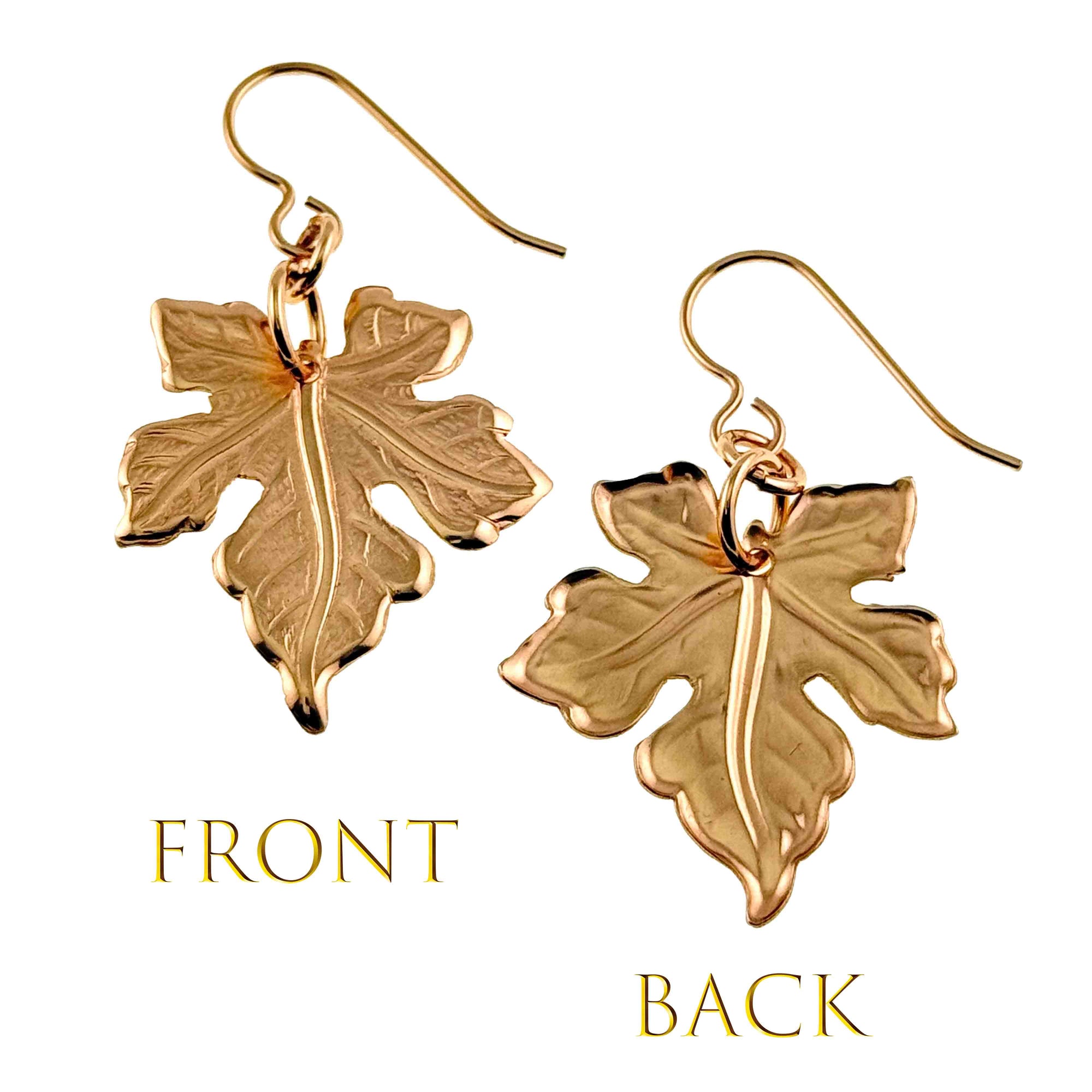 Medium Maple Leaf Bronze Dangle Earrings showing front and back views on a white background
