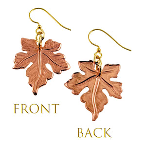 3 of 7: Medium Maple Leaf Copper Dangle Earrings showing front and back views on a white background