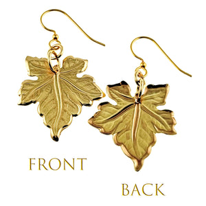 3 of 6: Front and Back Views of Medium Maple Leaf Nu Gold Brass Dangle Earrings
