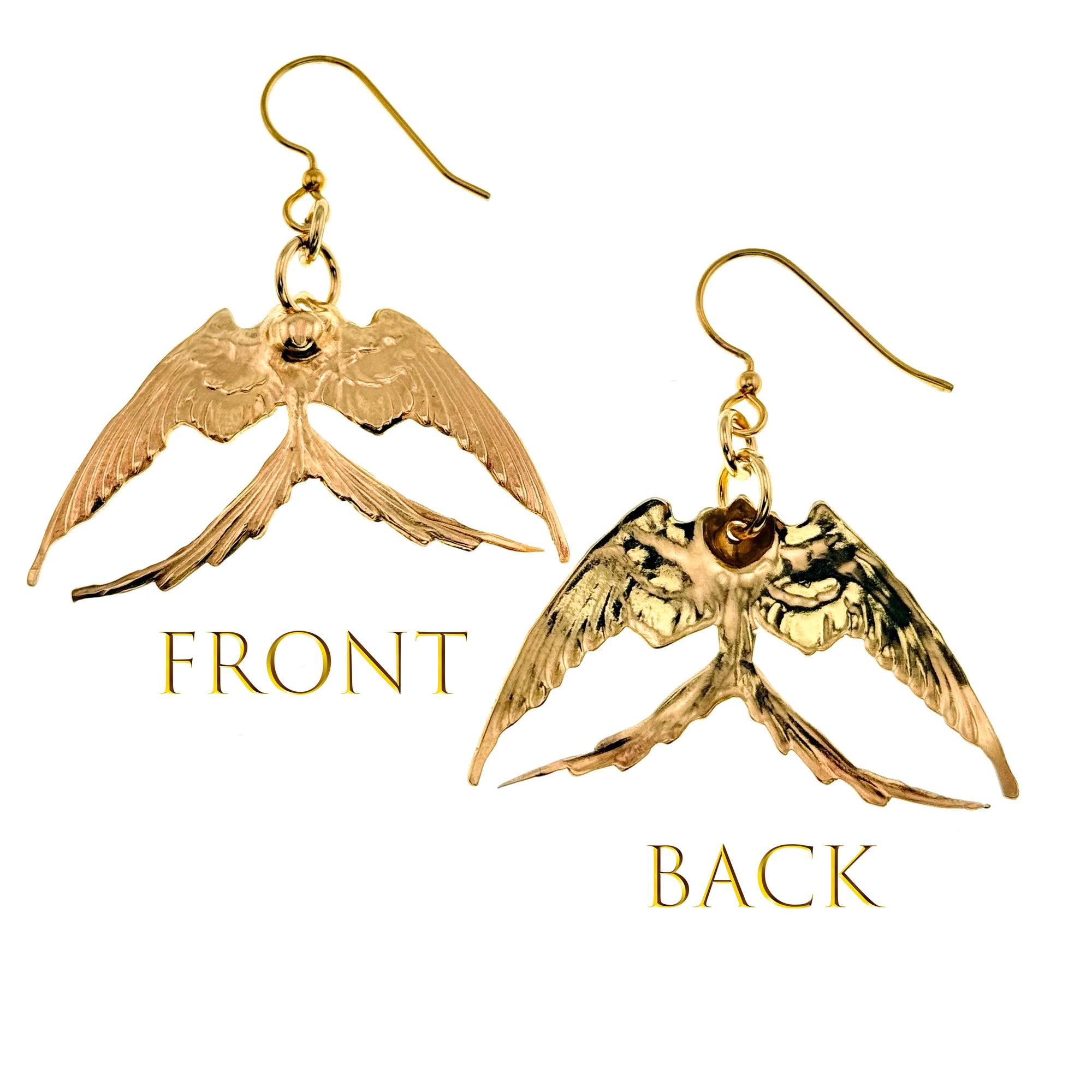 Front and Back Views of Medium Nu Gold Brass Swallow Earrings 