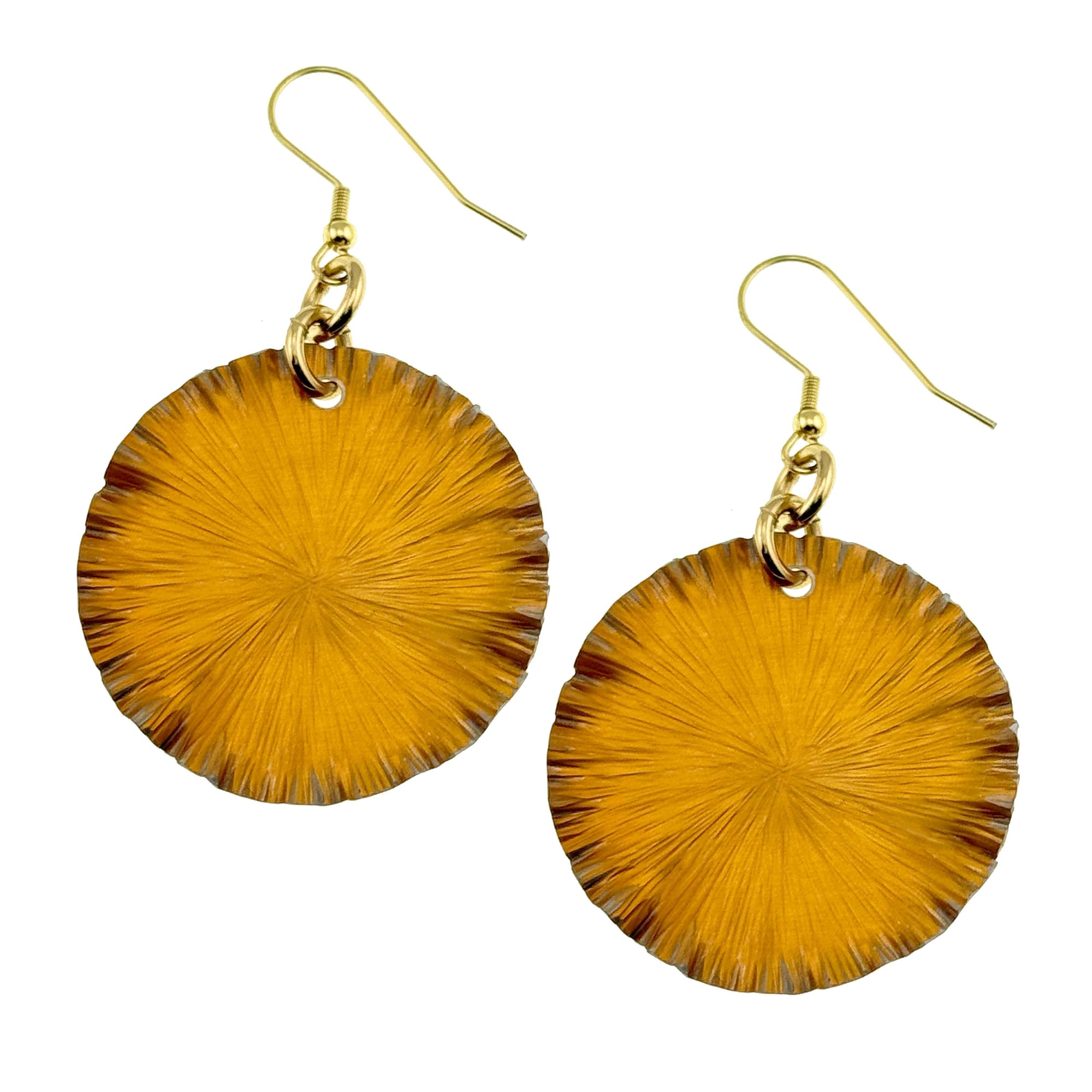 A Pair of Medium Orange Anodized Aluminum Lily Pad Earrings on a White Background