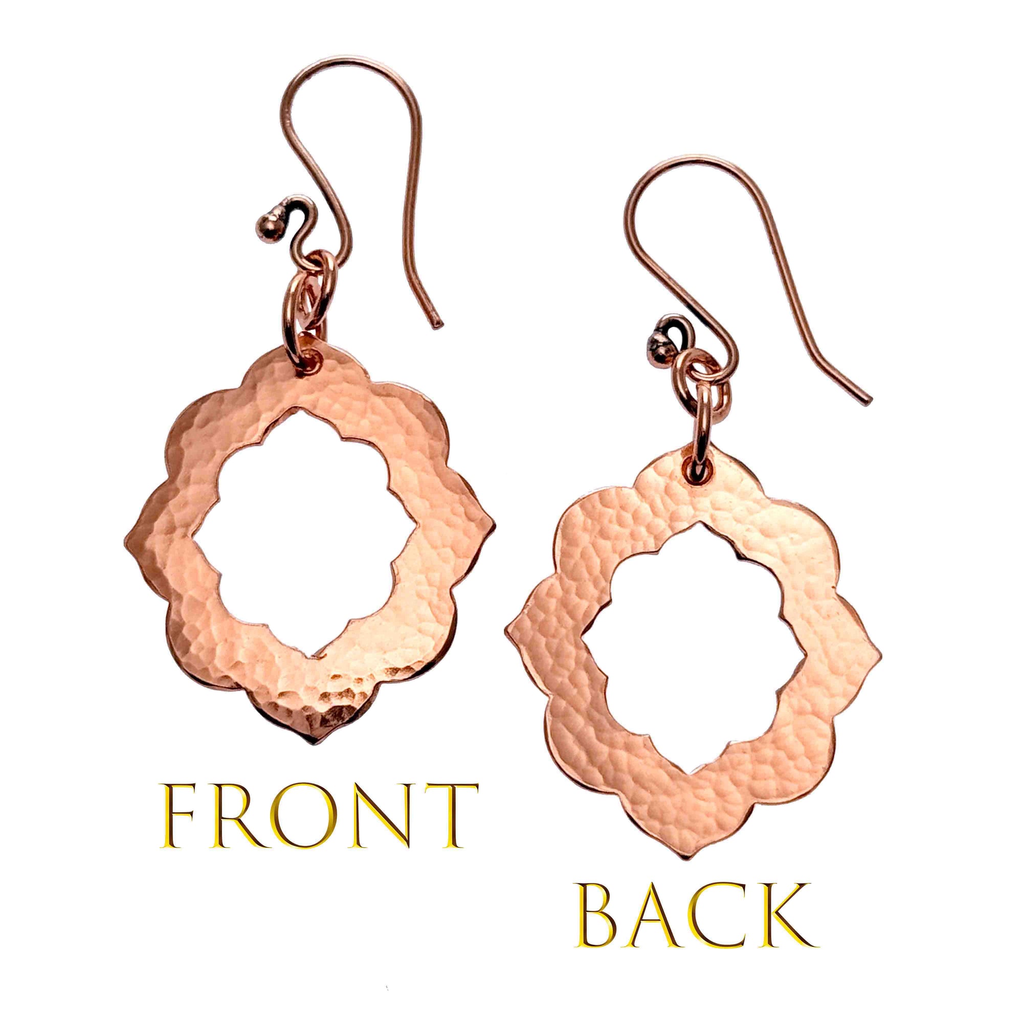 Front and Back Views of Medium Pierced Hammered Copper Arabesque Flower