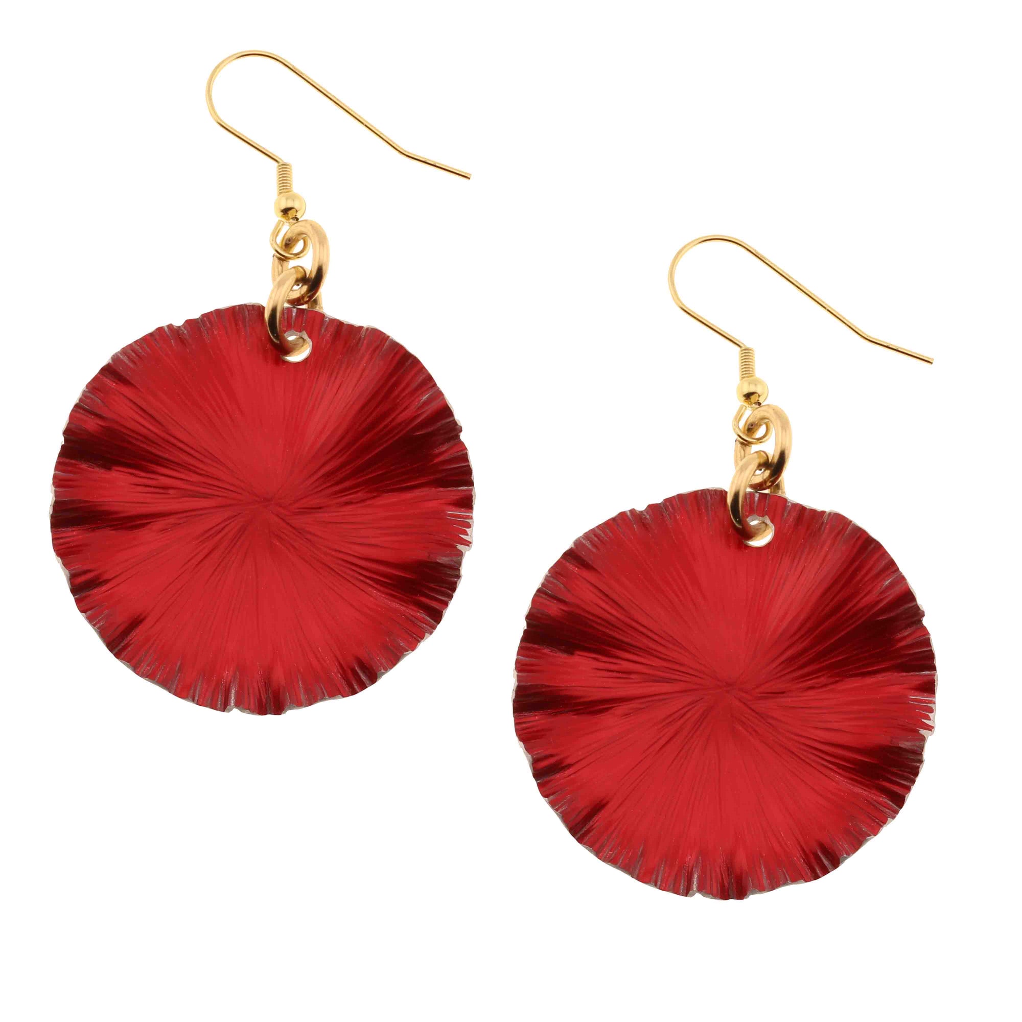 A Pair of Medium Red Anodized Aluminum Lily Pad Earrings on a White Background