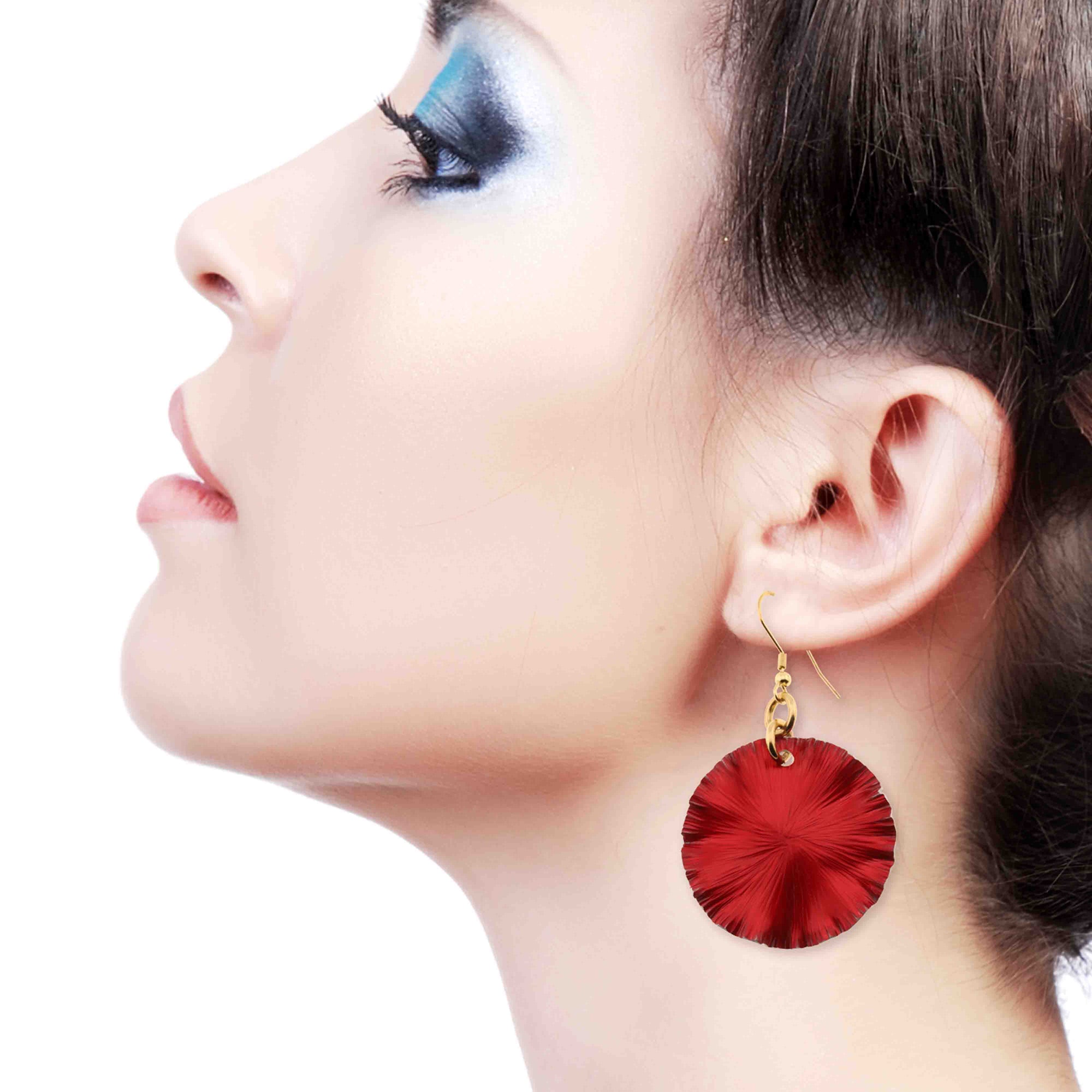 A Chic Woman Wearing Medium Red Anodized Aluminum Lily Pad Earrings