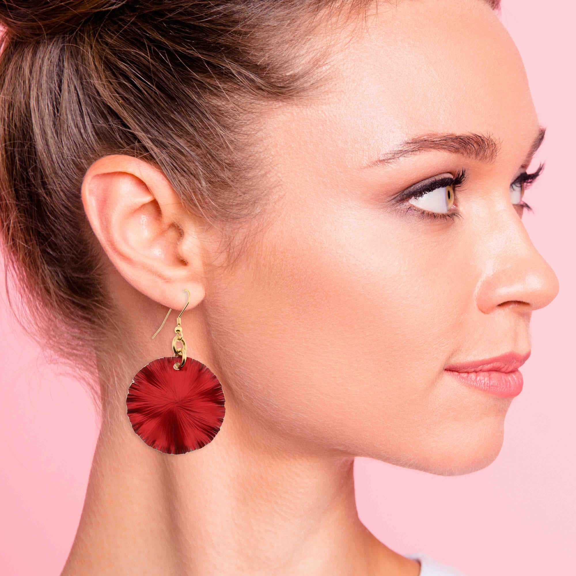 A Fashionable Woman Wearing Medium Red Anodized Aluminum Lily Pad Earrings