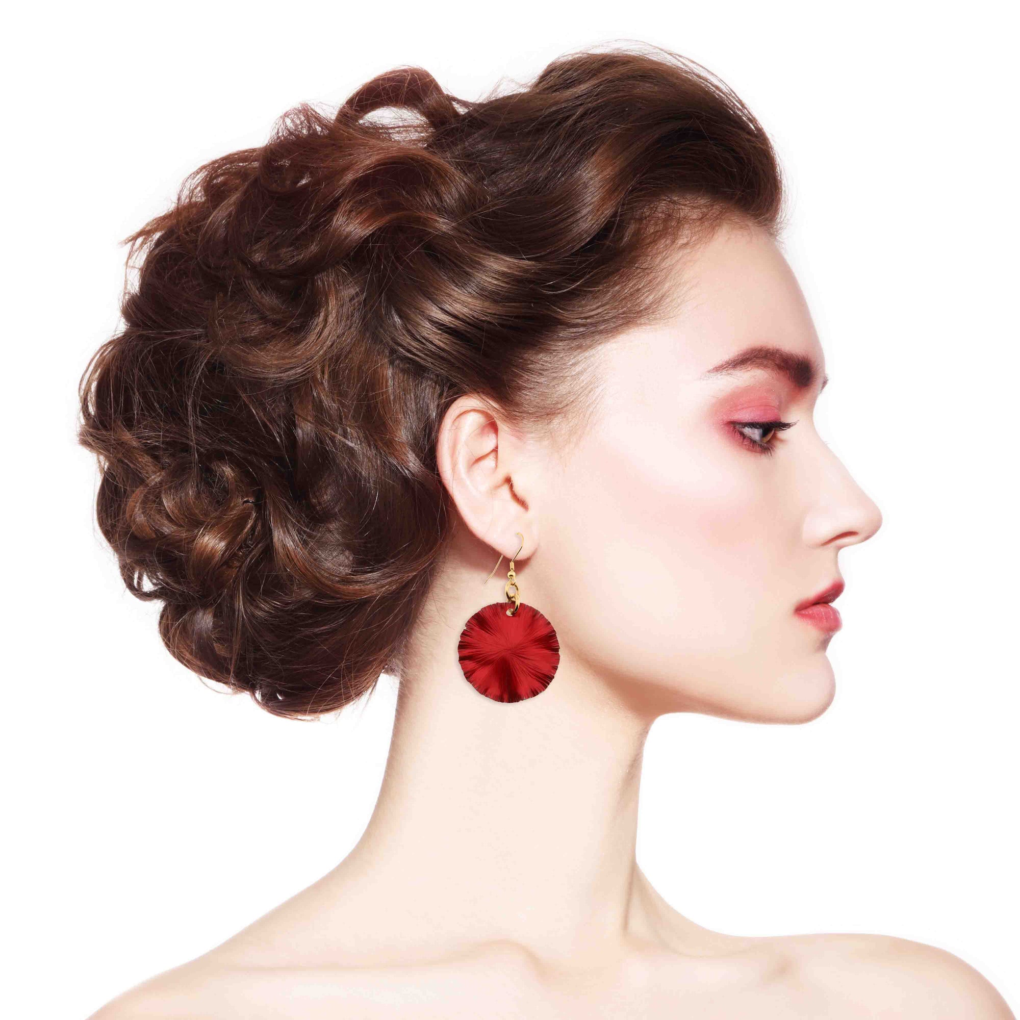 A Stunning Woman Wearing Medium Red Anodized Aluminum Lily Pad Earrings