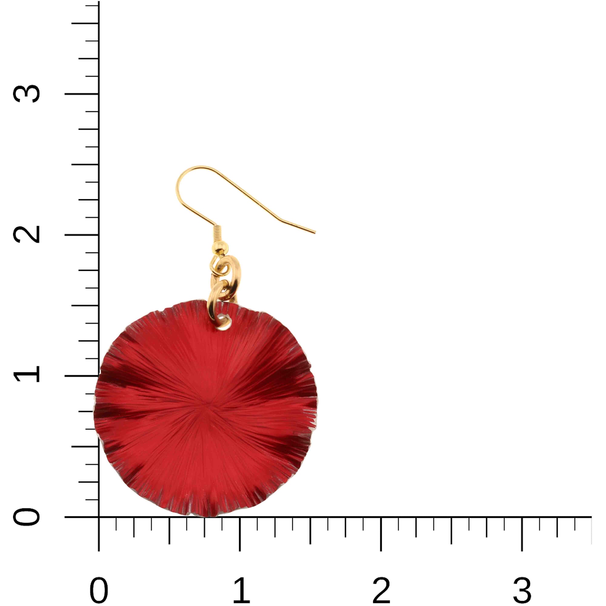 Medium Red Anodized Aluminum Lily Pad Earrings on a Ruler for Size Dimensions